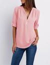 Women's Summer Loose Chiffon Blouse Deep V-Neck Zipper Pullover Casual Plus Size