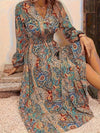 Plus Size V-Neck Bohemian Long Sleeve Dress - Mid-Calf Autumn/Winter, Sizes 1XL-5XL
