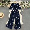 Women's Bohemian Polka Dot V-Neck Wide Leg Jumpsuit with Dolman Sleeves and High Waist