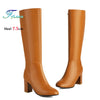 Plus Size Knee-High Square Toe Boots – Side Zipper, 7.5 cm (3") Block Heel, Winter Warm PU Leather, Up to EU 48
