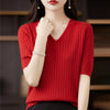 Women's V-Neck Short Sleeve Knit Top - Slim Casual Korean Pullover for Spring/Summer (Poly Cotton)