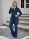 Women’s Elastic Hip-Lift Denim Jumpsuit - Long Sleeve Button Front, Slim Casual