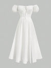 Plus Size Off-the-Shoulder White A-Line Midi Dress Strapless Elastic Back Slit for Wedding & Party