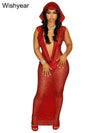 Luxury Red Hooded Evening Dress for Women – Deep V Neck, Sequin Glitter Mesh and Sheer Back Sparkle Gown