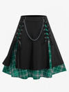 Plus Size Gothic Plaid Pleated Skirt High-Waist Lace-Up Chain Detail Layered Knee-Length Up to 5XL