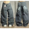 Women's Black Washed Distressed Baggy Jeans Y2K Vintage Punk High-Waist Wide-Leg