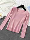 Women V-Neck Knitted Pullover Sweater — Slim Fit Long Sleeve One Size Autumn/Winter