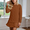 Women’s Winter Cable Knit Chiffon-Splice Round Neck Mini Dress – Casual Slim Fit
