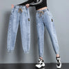 High-Waist Elastic Harem Jeans Loose-Fit Ankle-Length Distressed Denim Pants for Women