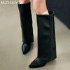 Women's Chunky Knee-High PU Leather Chelsea Boots Pointed Toe Square Heel Platform Winter Boots