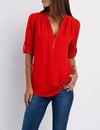Women's Loose V-Neck Chiffon Blouse with Zipper Pullover — Casual Plus Size