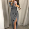 Women's High-Waist Bodycon Midi Dress Off-Shoulder Vintage Bling Satin Party Dress with Front Split