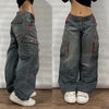 Women's Y2K Washed Multi-Pocket Baggy Wide-Leg Jeans – Low Waist Harajuku Streetwear