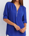 Women's Loose V-Neck Chiffon Blouse with Zipper Pullover — Casual Plus Size