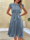 Elegant Summer Pleated Midi Sundress – Short Sleeve O-Neck Casual Beach Tunic (Solid Colors)
