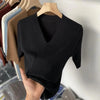 Women's Short Sleeve V-Neck Slim Fit Knit Sweater - Korean-Inspired Pullover Top