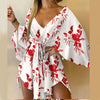 Women's Floral V-Neck Ruffle Batwing Sleeve Bohemian Mini Dress - Loose Summer Beach Vacation Sundress