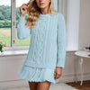 Women’s Winter Cable Knit Chiffon-Splice Round Neck Mini Dress – Casual Slim Fit