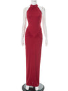 Mozision Halter Ruched Sleeveless Maxi Dress - Slim High Waist Evening Club Party Split Gown