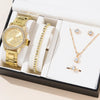 Women's Luxury Quartz Watch & 5-Piece Rhinestone Jewelry Set – Stainless Steel Strap, Bracelet, Necklace, Earrings & Ring