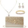 Evening Sparkly Flap Clutch Bag with 4-Piece Jewelry Set Necklace Earrings Bracelet and Chain Strap