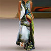 Women's Vintage Printed Boho Maxi Dress - V-Neck Sleeveless A-Line Summer Beach & Party Dress