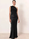 Julissa Mo One-Shoulder Patchwork Satin Maxi Dress Brown – Sleeveless Slim Evening Party Dress
