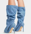 Women's Knee-High Denim Stiletto Boots - Square Toe Fold-Over Strap Slip-On