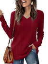 Women's V-Neck Knitted Sweater Wine Red Long Sleeve Loose Fit Autumn Winter Top