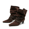 Liyke Brown Suede Weave Lace-Up Women’s Ankle Boots — Pleated Chelsea Western Low Thin Heels