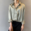 Elegant Satin Women's Button-Up Blouse Turn-Down Collar Vintage Casual Silk-Look Top