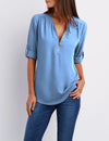 Women's Loose V-Neck Chiffon Blouse with Zipper Pullover — Casual Plus Size
