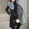 PU Leather Mid-Length Women's Winter Coat with Detachable Fur Collar Adjustable Waist Slim Casual Jacket