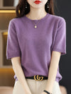 Women's Short-Sleeve Knit O-Neck Pullover - Wool-Cotton Blend Lightweight Summer Top