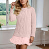 Women’s Winter Cable Knit Chiffon-Splice Round Neck Mini Dress – Casual Slim Fit