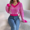 Women's Grid Striped V-Neck Cropped Pullover Sweater – Lantern Sleeve Knit Top for Autumn Winter
