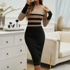 ITOOLIN Patchwork Striped Knit Midi Dress — Long Sleeve Slim A-Line Office Dress for Fall