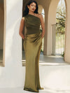 Julissa Mo One-Shoulder Patchwork Satin Maxi Dress Brown – Sleeveless Slim Evening Party Dress
