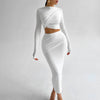 Ruched Long Sleeve Crop Top & High-Waist Bodycon Skirt Two-Piece Set for Women, Solid Casual Spring/Summer