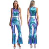 Women's 70s Disco Metallic Jumpsuit – Retro Hippie Bell-Bottom with Tiered Flare Sleeves, Back-Zip Party Costume