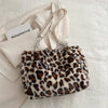 Leopard Print Plush Tote Bag for Women — Soft Faux Fur Shoulder Handbag for Shopping & Work