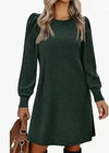 Women's Knit Puff Sleeve A-Line Dress with Pockets, Long Sleeve O-Neck Knee-Length Casual