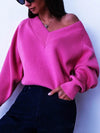 Oversized V-Neck Knit Sweater for Women - Vintage Solid Loose Pullover, Korean Casual Long Sleeve Jumper