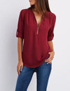 Women's Summer Loose Chiffon Blouse Deep V-Neck Zipper Pullover Casual Plus Size