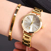 2-Pack Women's Gold Bracelet Quartz Watch Set - Hollow Strap Minimal Dial Fashion Wristwatch