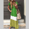 Women's Casual Color-Block V-Neck Ankle-Length Maxi Dress — Loose Short Sleeve A-Line Summer Dress