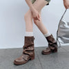 Pleated Buckle Ankle Riding Boots for Women Brown PU Leather Slip-On Chunky Low Heel