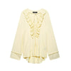 KONDALA Vintage Yellow Ruffle V-Neck Lace-Up Bow Tie Blouse Long Sleeve Casual Top
