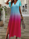 Women's Summer Boho V-Neck Printed Split Ankle-Length Dress Loose Resort Beach Evening