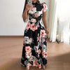 Women's Floral Boho A-Line Maxi Dress Short Sleeve High-Waist Flowy Beach Dress